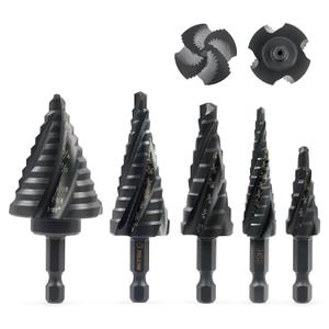 ZELCAN Step Drill Bit Set, 5PCS Four Spiral Flute Step Bits for Metal, 50 Sizes Titanium-Coated HSS Drill Bits with 1/4" Hex Shank for Stainless Steel Aluminum Wood Plastic
