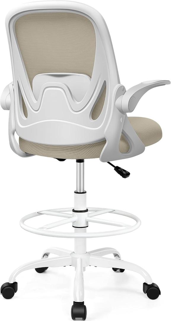 Drafting Chair Tall Office Chair with Flip-up Armrests, Adjustable Height, and Enhanced Lumbar Support - Ergonomic Rolling Stool, Back Support, and Adjustable Foot Rest Ring for Standing Desk Khaki (934W-Z)