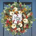 DAZONGE Fall Decor - 18 Inch Fall Wreaths for Front Door - Autumn Artificial Pumpkin Eucalyptus Maples Leaf Wreath - Rustic Fall Thanksgiving Decorations for Home Outdoor Mantel Window Wall