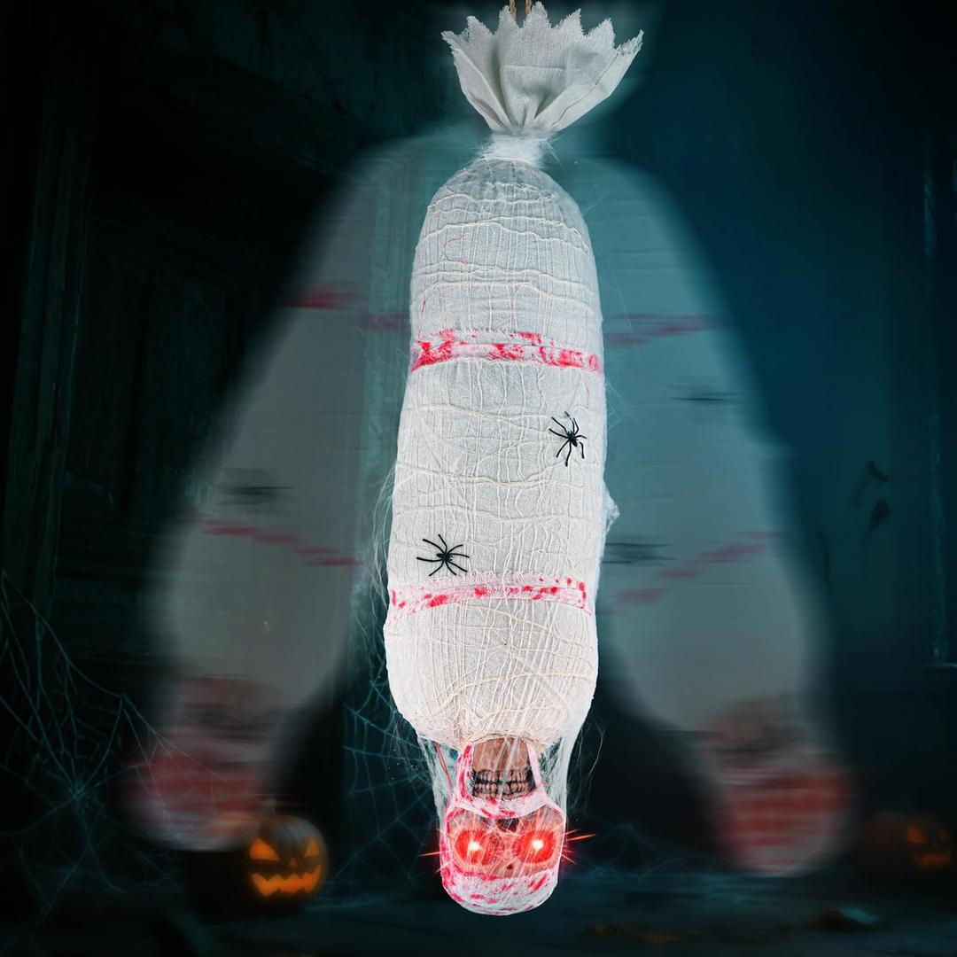 Scary Halloween Decorations,Halloween Decoration Outdoor Cocoon Corpse,Hanging Corpse Decorations Animatronics,Outdoor Sound Effects Dead Body Prop Indoor,Scream Lighted Eyes Prop Yard Tree (White)