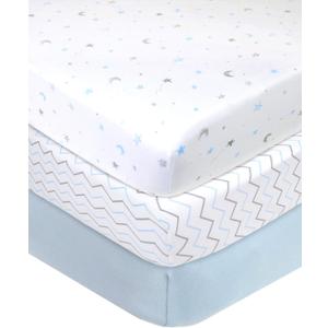 American Baby Company 3 Pack 100% Natural Cotton Fitted Crib Sheets 52" x 28" - Soft, Breathable, Hypoallergenic & Gentle Toddler Bed Sheets, Blue Star/Zigzag, Neutral for Boys & Girls