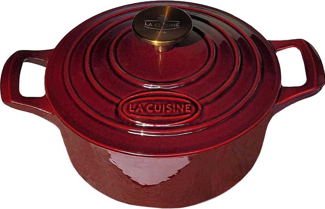 La Cuisine Enameled Cast Iron Dutch Oven Casserole Dish Pot with Lid, 2.1 QT 7.9 /20cm Dia. Internal Matt Black Enamel Coating, Gold-Plated SS Lid Handle Oven Safe up to 500 F, Cranberry