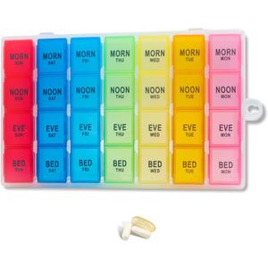 Weekly Pill Organizer 4 Times a Day, 7-Day Pill Boxes, Monthly Medication Organizer 28 Days Portable Compartments & Moisture-Proof Outer Case for Vitamins, Fish Oils, Supplements