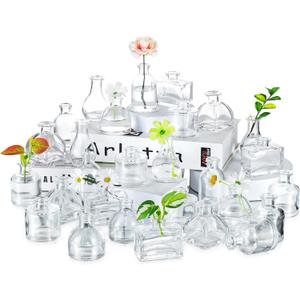Hewory 2.3'' Mini Bud Vases: 28Pcs Small Clear Glass Vases Bulk for Wedding Party Table Accent - Tiny Decoration for Babies Breath Wildflowers