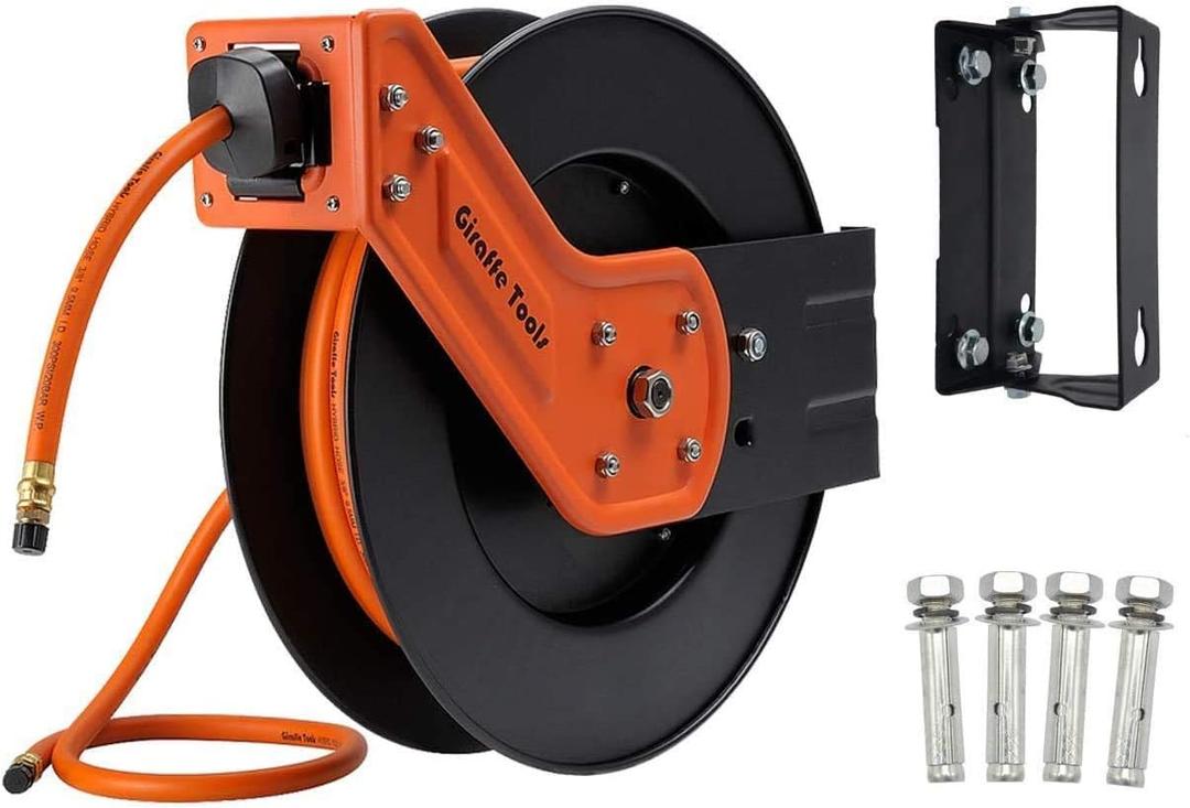 Giraffe Tools TA10 Retractable Air Hose Reel Swivel with 3/8 in. x 25 ft Hybrid Hose Max 300 PSI, Industrial Wall Mounted Compressor Hose Reel Heavy Duty, Air Compressor Heavy Duty Steel Reel