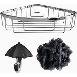 Stainless Steel Wall Mount Shower Caddy, Single Hook & Bath Wipe |Waterproof Durable Corner Shower Rack for Bathroom |Space Saving Bathroom Organizer & Storage for Shampoos Soap Bath Items | Silver