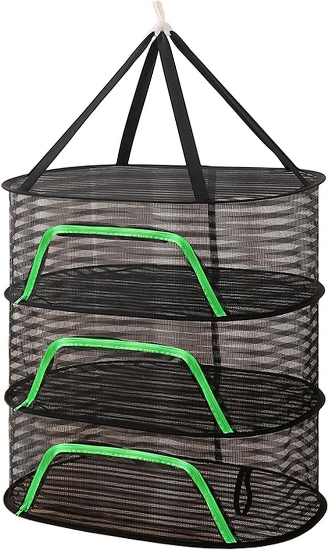Foldable Drying Net for Vegetables, Fish, and Dehydrated Goods, Multi-Tiered Food Drying Net, Versatile Drying Rack, Windproof Design, Zipper Closure for Insect Protection 3Layer Black