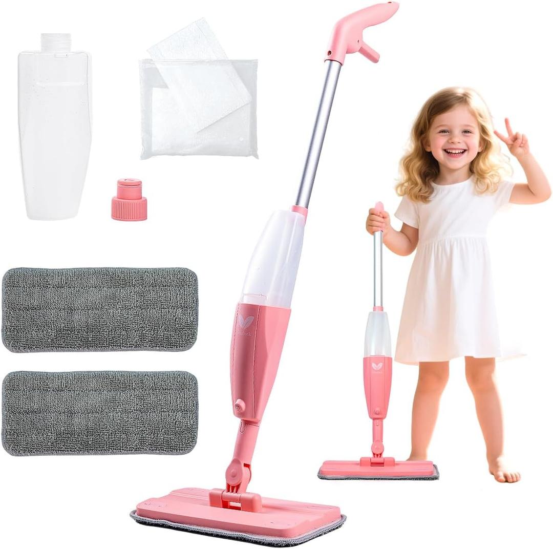 Kids Spray Mop, Pink Mini Mop Set with 2 Microfiber Washable Pads and 10 Disposable Dry Dusting Cloths, Dust Mop for Floor Cleaning, Small Mop for Toddlers Gift
