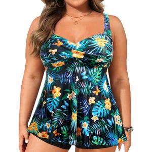 Aqua Eve Plus Tankini Tops for Women Swimwear Top Only Bathing Suits Flowy Tummy Control Swimsuit Top Black and Green Floral 14 Plus