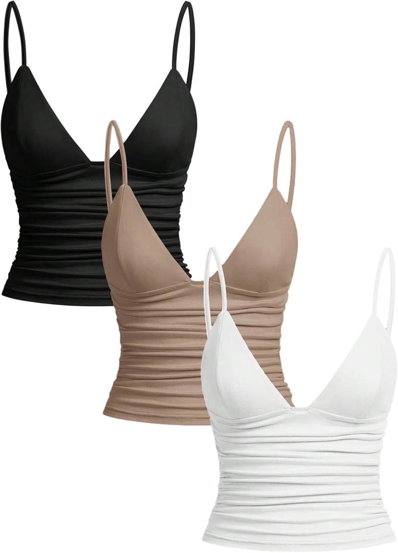 SOLY HUX Women's Deep V Neck Spaghetti Strap Crop Top 3 Packs Camisole Summer Layer Cami Shirts (Medium, White Khaki Black)
