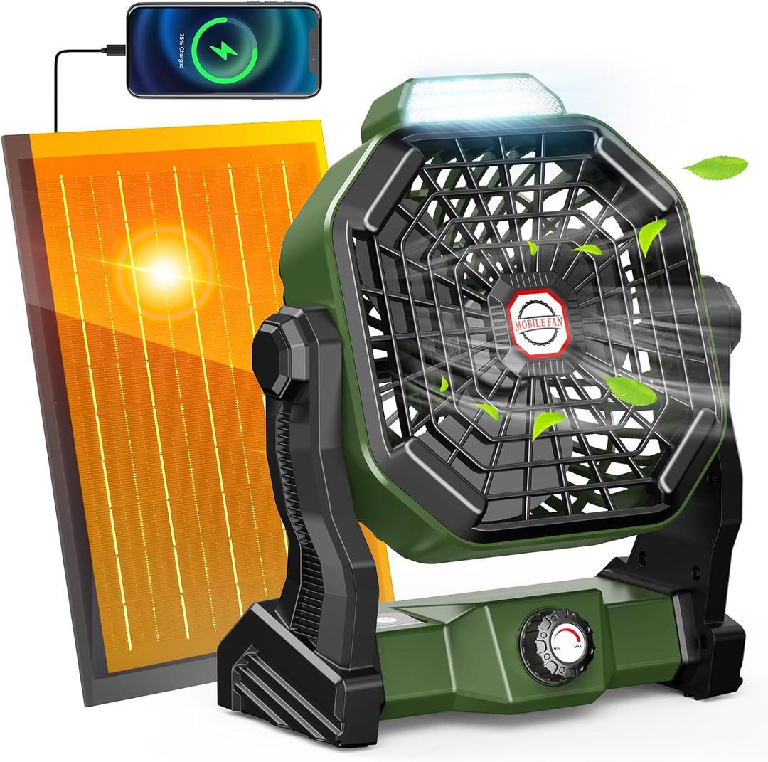 10800mAh Solar Powered Fan, 7W Solar Camping Fans & Led Lantern, Rechargeable Outdoor Fan with Solar Panel, Battery Operated Powered Tent Fans for Camping Essentials Accessories (10800mAh-Army Green)