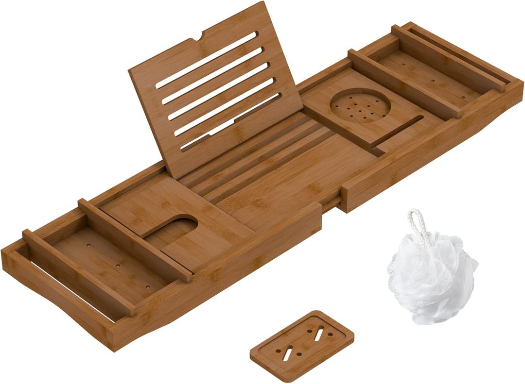 Bamboo Bathtub Tray for Luxury Bathroom, Expandable Premium Bath Tray with Soap Towel Book Holder, Luxury Spa Wooden Bath Table for Reading Laptop Over The Clawfoot Walnut