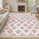 Wonnitar 8x10 Washable Rug, Pink Rugs for Girls Bedroom Decor, Boho Ultra-Thin Non Slip Soft Moroccan Floral Large Carpet for Living Room Baby Nursery Kids Playroom, Pale Pink