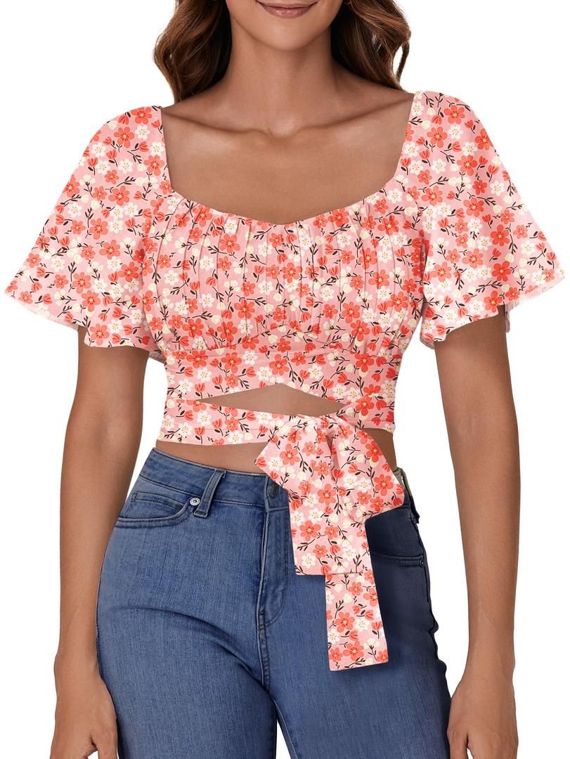 Rooscier Women's Ruched Wrap Ruffle Flare Square Neck Short Sleeve Self Tie Crop Top Blouse Floral Pink Small (S)