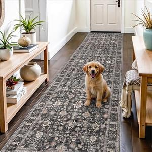 Black 3x12 Washable Runner Rug: 12ft Runners for Hallways Soft Non Slip Kitchen Rugs for Bedroom Bathroom Entryway - Stain Resistant Vintage Floral Carpet (Dark Black Gray, 3X12)
