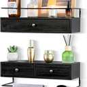 dreampossible 2Pack Rustic Floating Shelves with Drawer, Black, 15.8 Inch Long, WallMounted, Bathroom, Kitchen, Living Room Storage