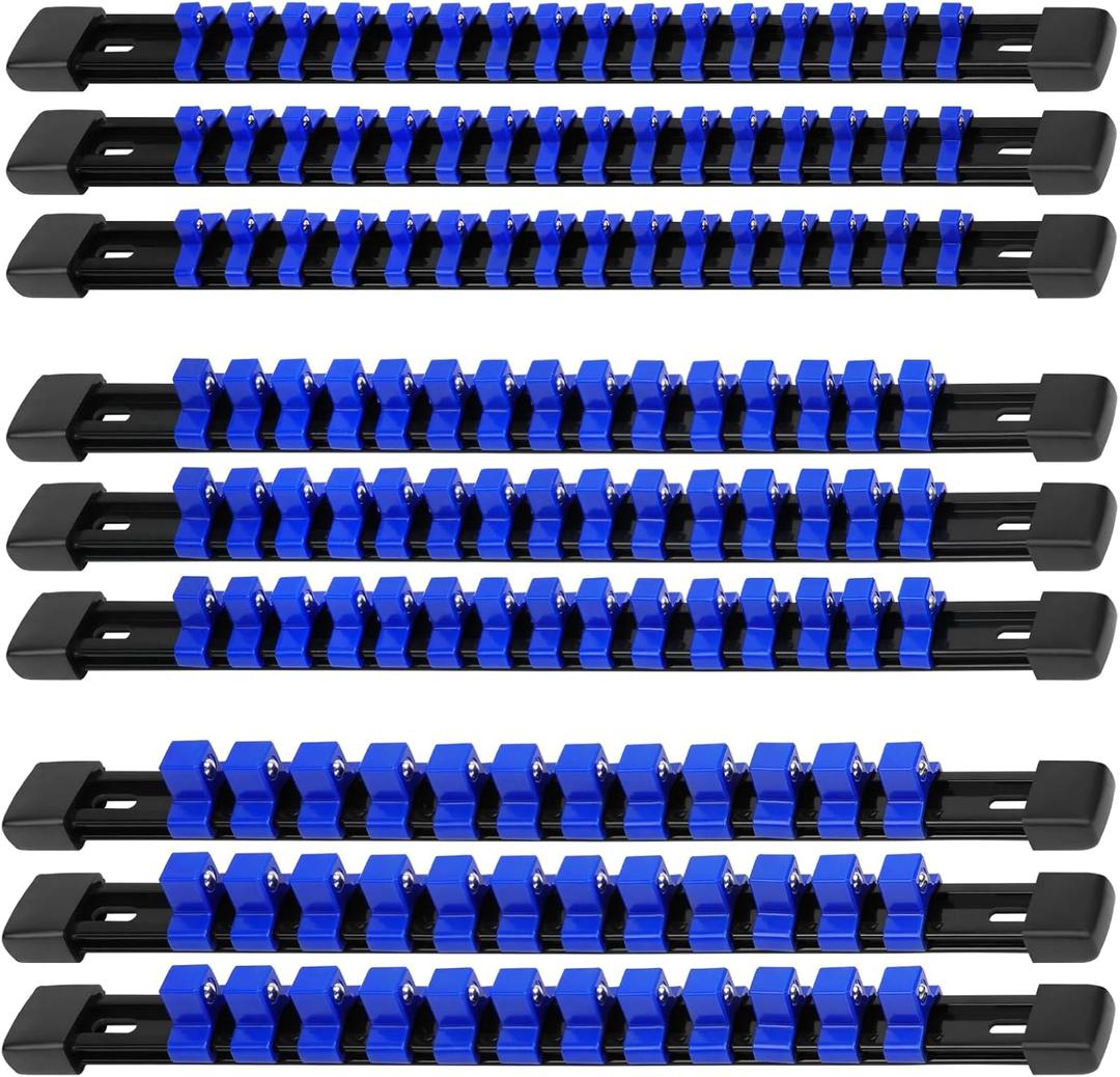 Socket Organizer Set 9-piece, 1/4-Inch x 48 Clips, 3/8-Inch x 45 Clips, 1/2-Inch x 36 Clips, Socket Rail Heavy Duty Holder with Socket Labels, Socket Organizer for Tool Box Drawer Blue (9Pcs)