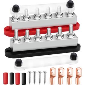 650A Bus Bar 12V Marine 3/8" Power Distribution Block Automotive Busbar Terminal Block,Battery Buss Bar (Pair, Red & Black) 6 x 3/8" Post