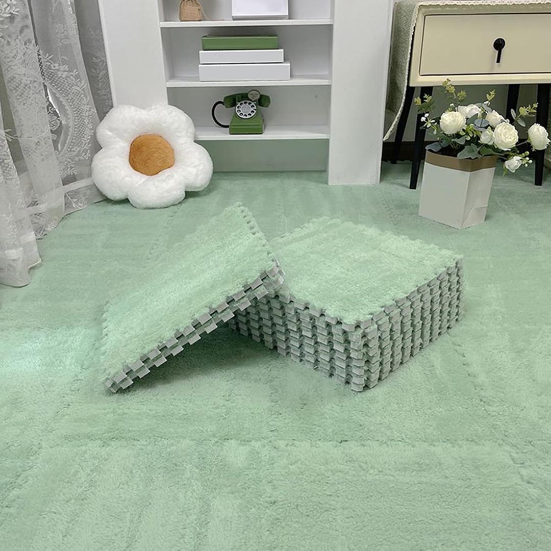 Thickened Plush Foam Interlocking Floor Carpet Puzzle Mat, 18 pcs 12x12x0.4 in Fluffy Square Puzzle Foam Carpet Tiles with Edgings, Soft Shaggy Area Rug Puzzle Mat(Color:Green 2)