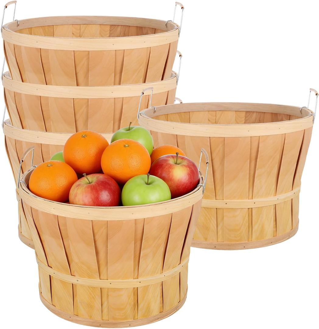 5 Pack Jumbo Half Bushel Baskets 14 x 9.5 Inch, Large Natural Wooden Harvest Apple Baskets with Handles for Harvest Fruit Plants, Farmers Market, Produce, and Home Storage Use