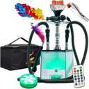 2 Hose Hookah Set With Travel Case Clean Brush, Micro Cube Acrylic Hookah with Silicone Hookah Bowl 2 Leather Hose Foil Sheet Coal Tongs Magical Remote LED Light for Better Shisha Narguile Smoking