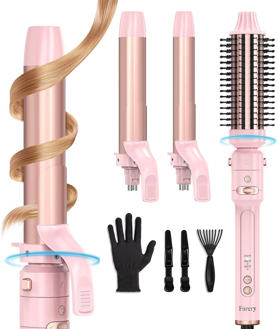 Farery 3-in-1 Interchangeable Automatic Rotating Curling Iron & Thermal Brush Set, 1'' /1.25'' Curling Iron, Automatic Hair Curler with 1.5'' Heating Round Curling Brush, 3 Temps Adjustable 300-410F