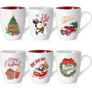 Shellwei 6 Pack Christmas Coffee Mugs 11 oz Holiday Ceramic Mugs Set Xmas Tea Cups with Handles Bulk Reusable Ceramic Coffee Cups for Women Men Teachers Appreciation Christmas Gifts(Classic)