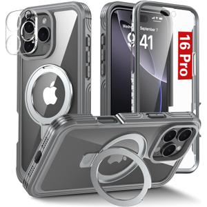 Oterkin Magnetic for iPhone 16 Pro Case Compatible with MagSafe [Foldable Stand][HD Camera Lens Protector][Built-in Touch Sensitive Glass Screen Protector] 15FT Military Full Body Rugged Case, (Gray)