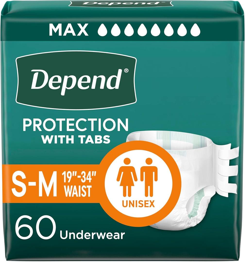 Depend Adult Diapers with Tabs, Incontinence Protection with Tabs, Unisex, Small/Medium (1934" Waist, Up To 170 lbs), Maximum Absorbency, 60 Count (3 Packs of 20)