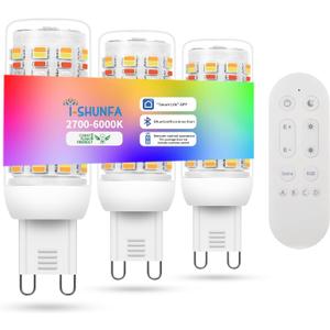 I-SHUNFA Smart G9 RGBCW LED Bulbs, App & Remote Control, AC 120V, 2700K-6500K + 16M Colors, Dimmable 1%-100%, 4W 400LM, Music Sync, Timer (3 Pack with Remote)