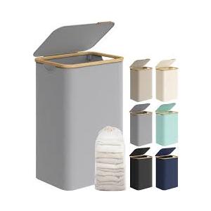 SONGMICS Laundry Hamper with Lid, Large Laundry Basket, 23.8 Gallons (90L), Removable Mesh Liner, Bamboo Handles, Collapsible, 16.5 x 12.6 x 27.8 Inches