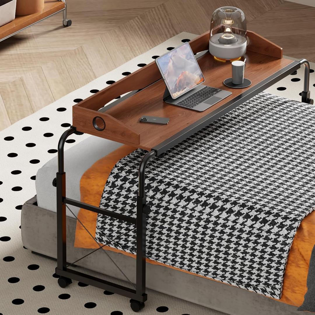 Overbed Table with Wheels, Overbed Desk with Adjustable Length and Height, Rolling Over Bed Desk, Queen Over The Bed Table on Wheels, Heavy Duty Laptop Table for Hospital and Home (1.2M, Oaken)