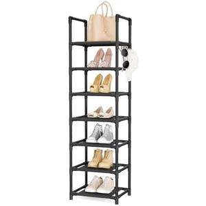 LANTEFUL Tall Shoe Rack 7 Tier Narrow Shoe Shelf Storage for 7-14 Pairs Shoe and Boot, Sturdy Shoe Storage Space Saving Corner Shoe Rack Organizer for Closet, Entryway, Living Room, Black