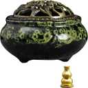 Ceramic Incense Burner with Lid, Bowl Burner Cone Incense Burner, Ceramic Censer Suitable for Incense/Cone/Coil/Sticks, There are 30 Incense Cones+ Metal Incense Holder+Fireproof Cotton Inside. (Mint Green)