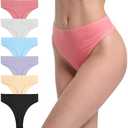 GAREDOB 6 Pack Women's Ribbed Cotton Thongs High Waist Seamless Panties Plus Size High Rise No Show Underwear L