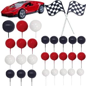 30PCS Race Car Cake Toppers - Checkered Flag Race Car Birthday Decoration with Red, Black, White Balls for Race Car Themed Birthday Party