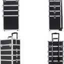 Makeup Rolling Train Case - Professional Cosmetics Organizer with Aluminum Frame, Folding Trays & Wheels, Portable for Travel & Studio (Black)