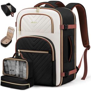 LOVEVOOK Travel Backpack Carry on Flight Approved 50L,Waterproof TSA Travel Essentials Personal Item Backpack for Women Men,Large Carry on Luggage Suitcase Travel Bag for Airplane with 3 Packing Cubes (Black - Off-white)