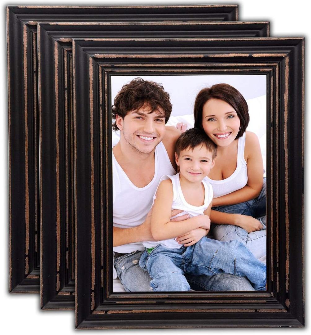 Bamber Wood Picture Frames 11x14 Black Wooden Photo Frame Set for Wall and Tabletop, Rustic Vintage Style, Pack of 3