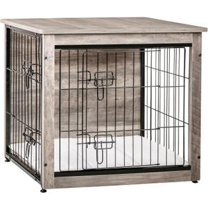 DWANTON Dog Crate Furniture with Cushion, Wooden Kennel Table with Double Doors, Indoor Dog House, Small/Medium/Large/Extra Large Size, 27.2" L, Greige (27.2"L x 20.1"W x 23.6"H)