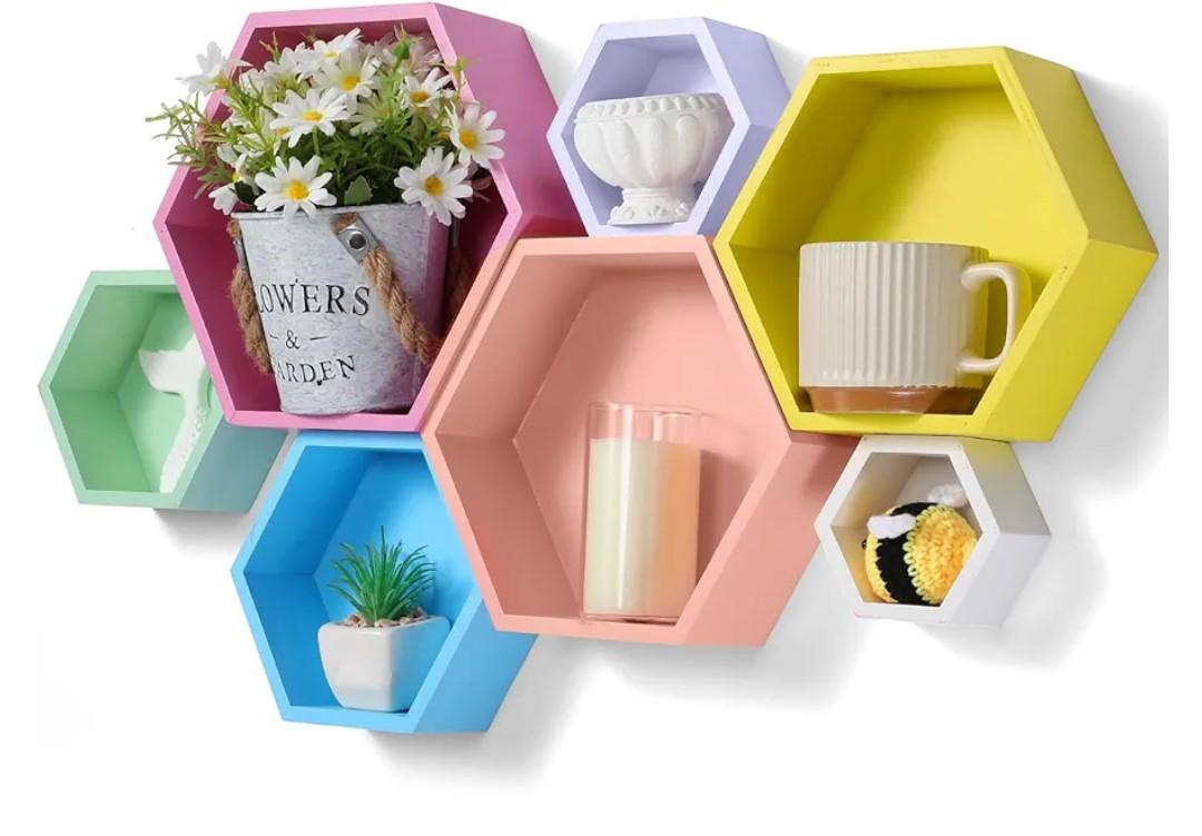 Wooden Hexagon Floating Shelves Decor Octagon Wall Mounted Storage Bookshelf for Living Room Bedroom Office Bee Day Decor(Macaron Color)