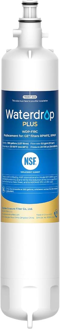 Waterdrop Plus WDP-F19C Replacement for GE RPWFE, RPWF (with CHIP) NSF 401 Refrigerator Water Filter, Compatible with GFE28GBLTS, GFE28GSKSS, PFE28KMKES, GFD28GYNFS, GFD28GBLTS, PWE23KYNFS