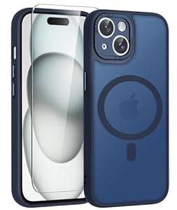 WRJ Case for iPhone 15, Slim Translucent Matte Magnetic Case for Women Men [Compatible with Magsafe][Enhanced Camera Protection] Anti-Fingerprints Shockproof Cover with Screen Protector-Navy Blue