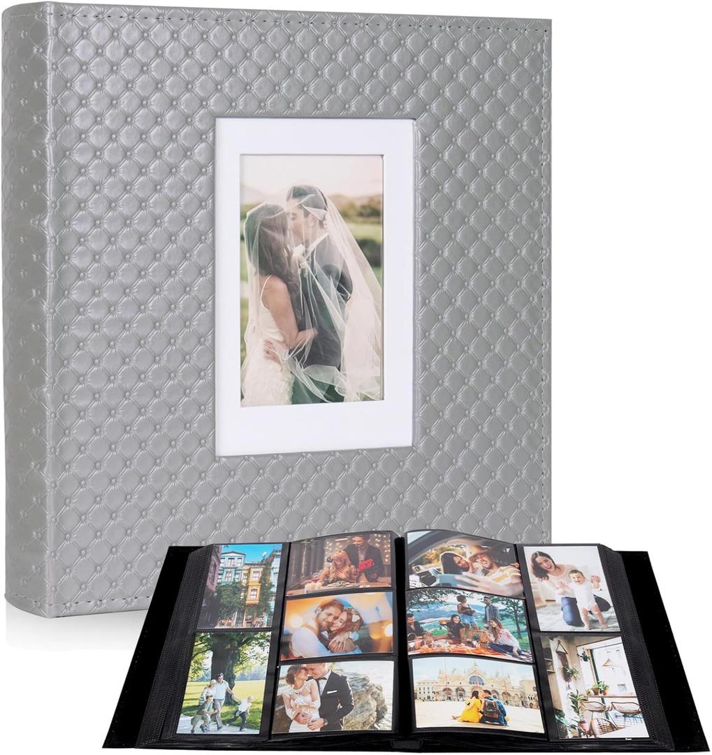 RECUTMS Large Capacity Photo Album 4x6, 600 Photos PU Leather Picture Album with Black Pages, Horizontal & Vertical Pockets, Clear Sleeves Memory Book for Family, Travel, Wedding & Gift(Grey)
