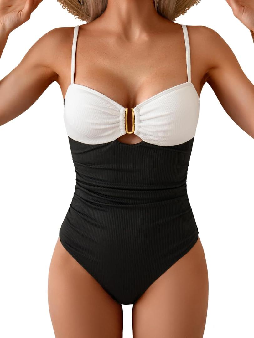 Eomenie One Piece Swimsuit for Women Tummy Control Ruched Bathing Suit Cutout U Wire Swim Suits (Large, Ribbed, Black White)