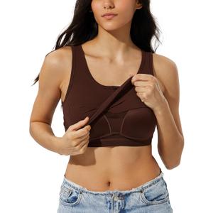 ZeroBound Built in Shelf Bra Crop Tank Tops for Women Scoop Neck Henley Button Sleeveless Casual Basic Tee Shirt Outfits (Brown, S)