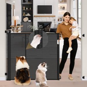 Reinforced 42" Extra Tall Pet Gate 55" Wide Retractable Baby Gate with Support Rods - Retractable Dog Gate Indoor/Outdoor Retractable Gate, Bottom Anti-Escape Tall Dog Gates for Doorways, Black