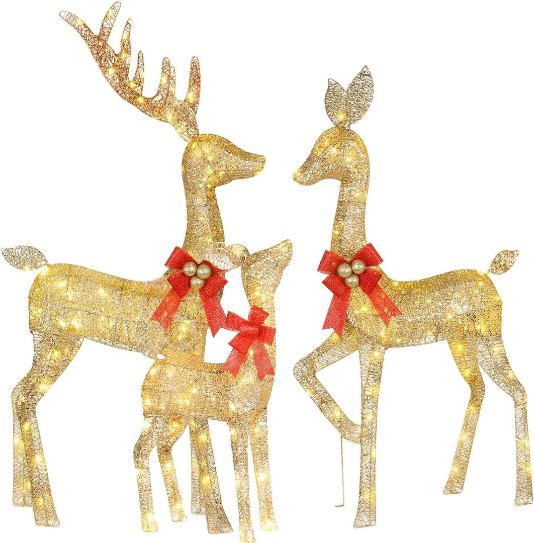 Lighted Christmas Decoration Deer 3 Piece, HOYECHI Light up Christmas Decor Reindeer Family Set for Indoor Outdoor Front Yard Porch with LED Lights, Plug, Ground Stakes - Gold