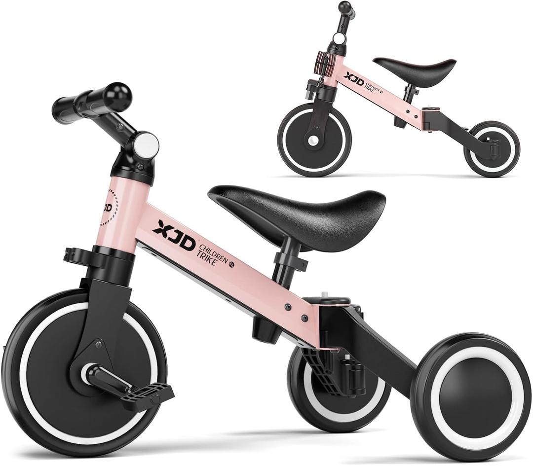 XJD 5 in 1 Toddler Bike, Tricycle for Toddlers 1-3 with Adjustable Seat Height, Removable Pedals, Ideal Balance Bike Birthday Gifts and Toys for Boys and Girls (Pink)