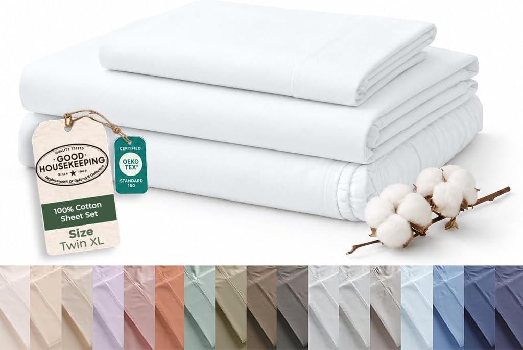 ROYALE LINENS 100% Organic Cotton Twin XL Sheet Set - 16" Deep Pocket Bed Sheets - White Bed Sheets - Sbanas Twin XL - 1 Flat, 1 Fitted & 1 Pillowcases - White Sheet Set - Cotton Bedding Sets